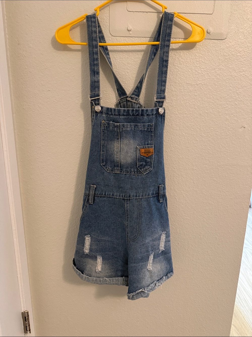 Denim&Co Blue Distressed Short Denim Overalls